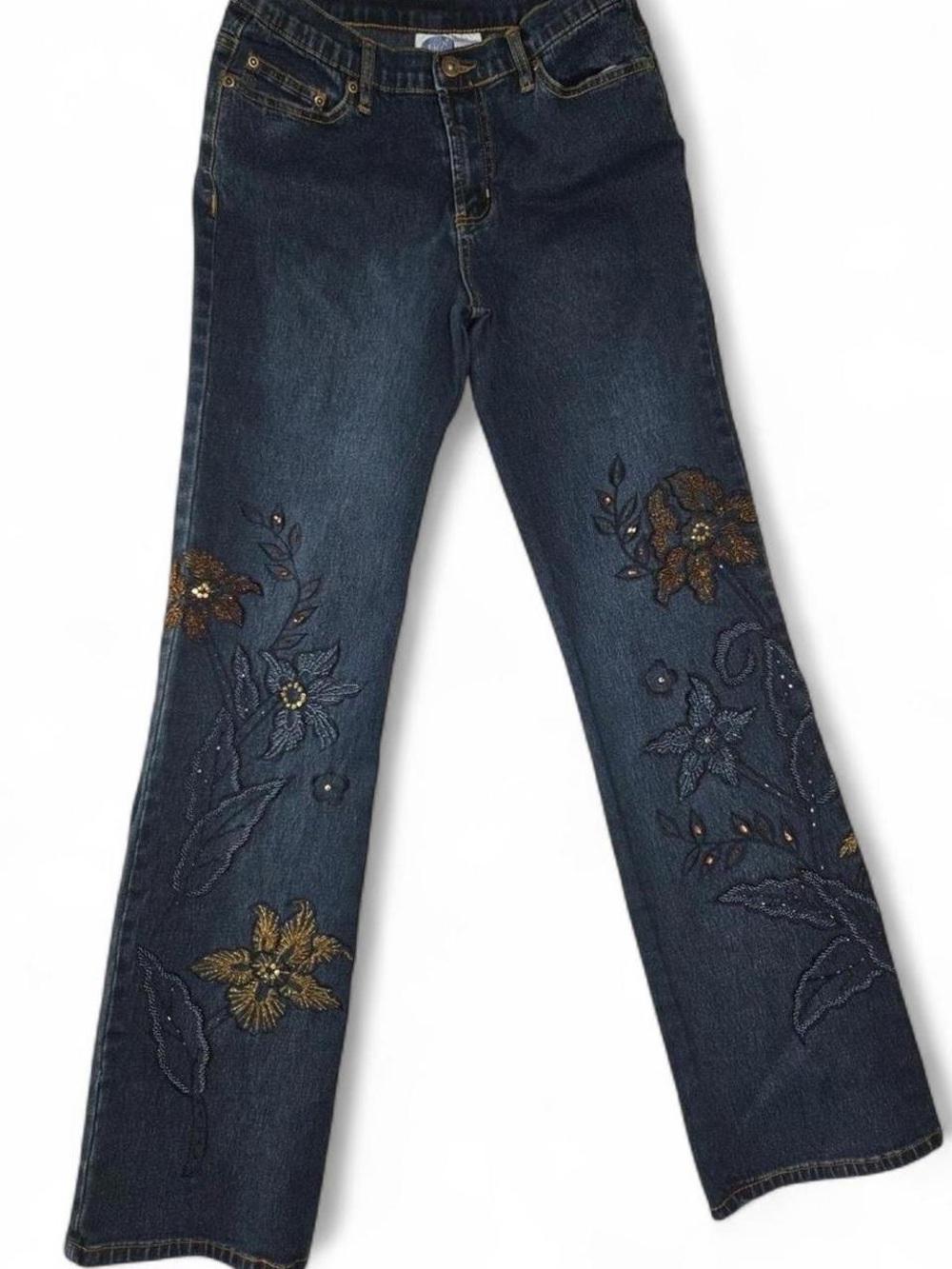 DG2 by Diane Gilman Boot Cut Dark Wash Jeans with Floral Beaded Embroidery